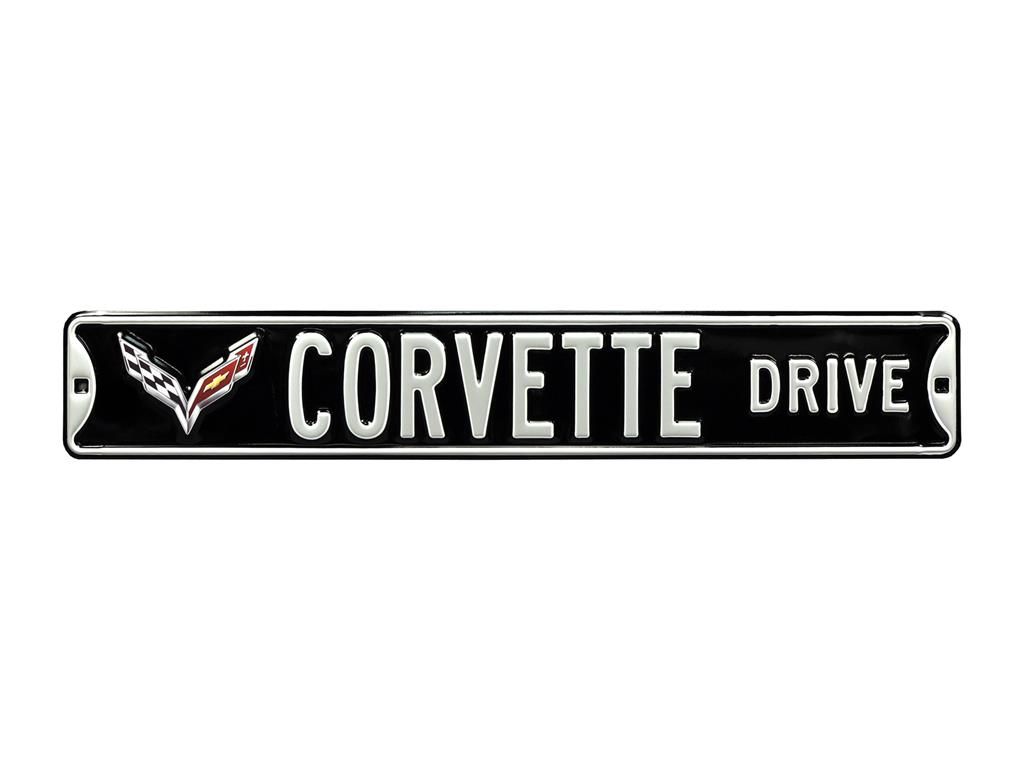 Corvette Drive Black Metal Street Sign - C7 Logo