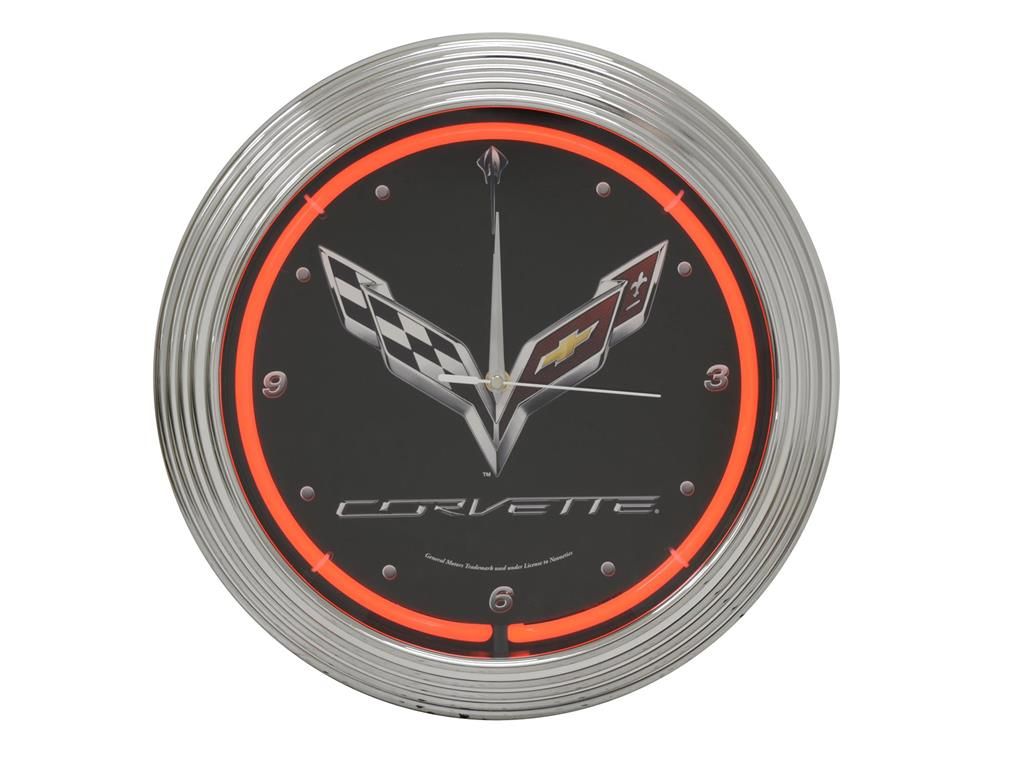 C7 Flag / Logo Chrome Ring Neon Clock