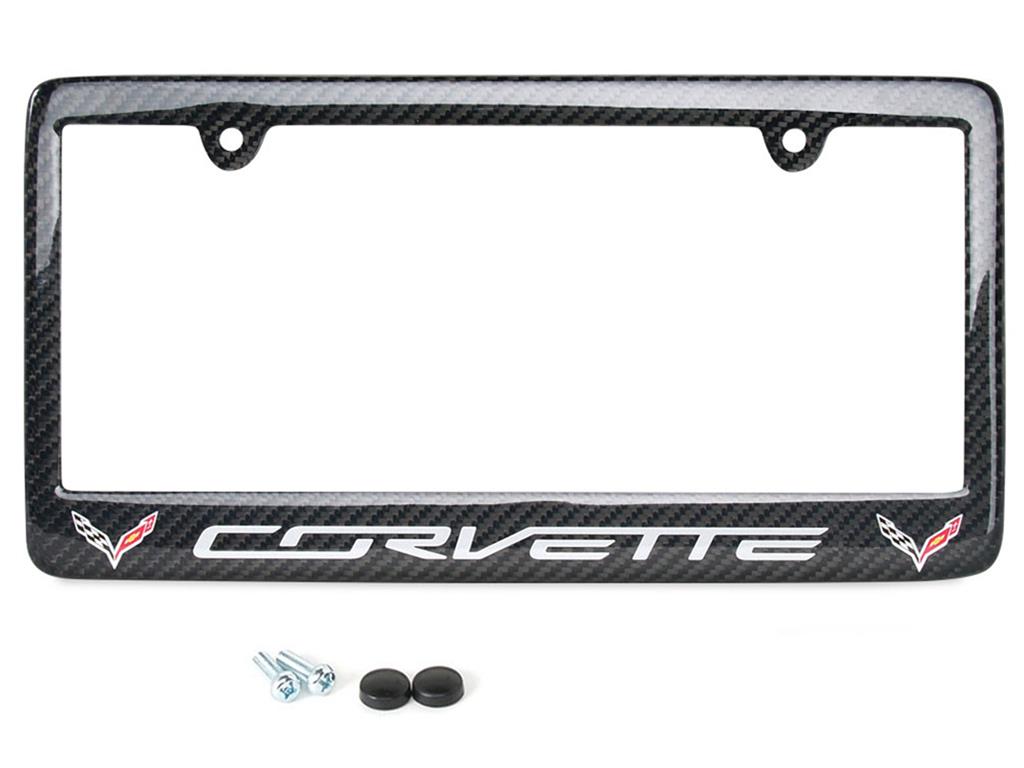 14-19 Carbon Fiber Rear License Plate Frame With Corvette Script And Flag