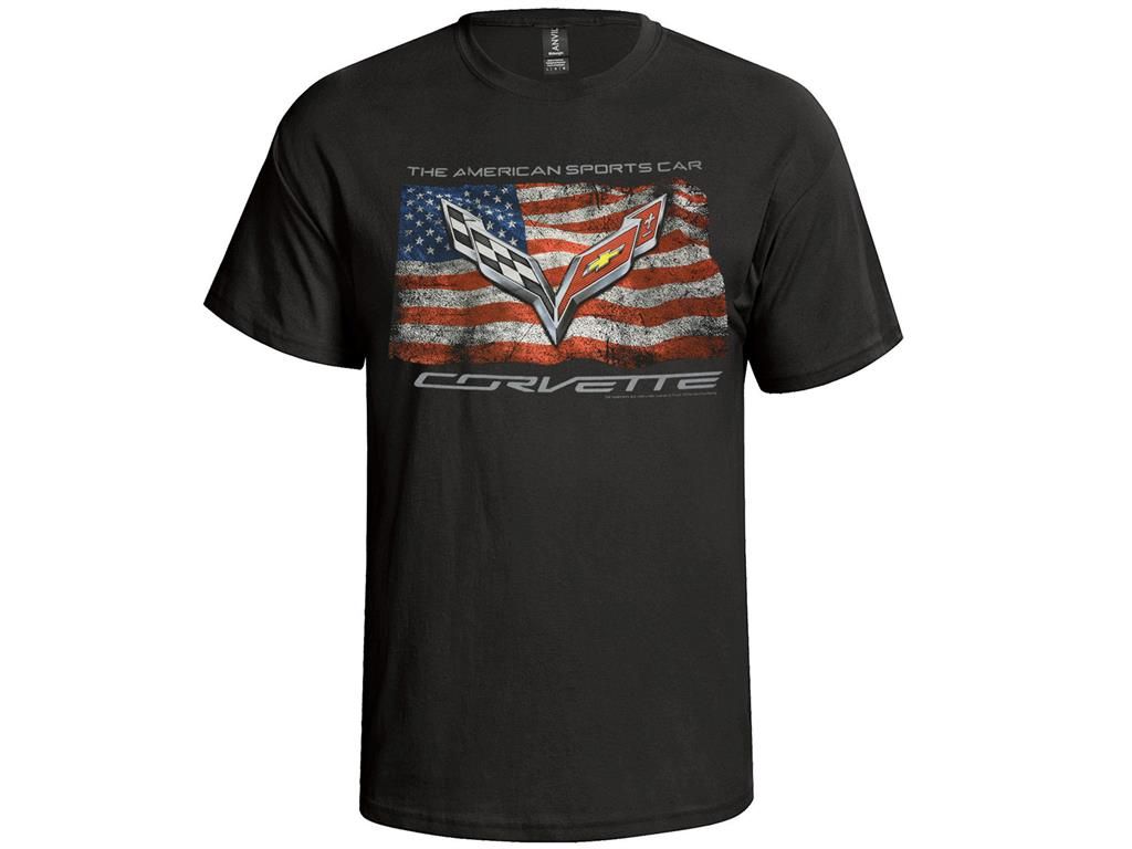 Black American Sports Car Vintage Flag Front Printed T-Shirt