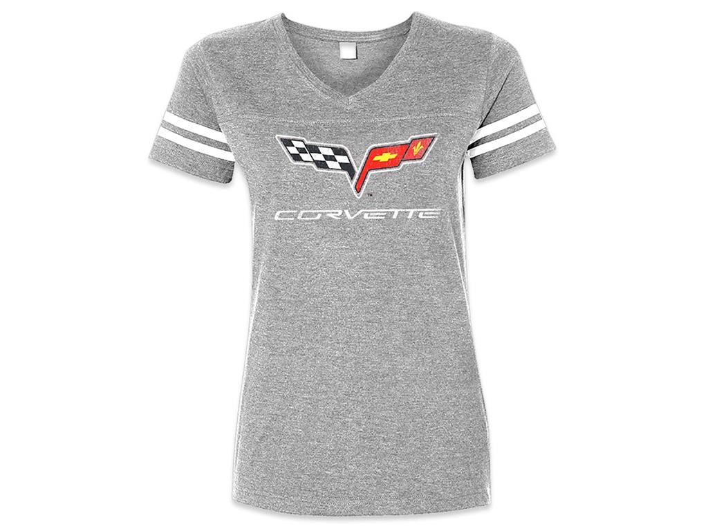 T-Shirt C6 Logo Ladies Gray Striped Sleeve *Specify Size*