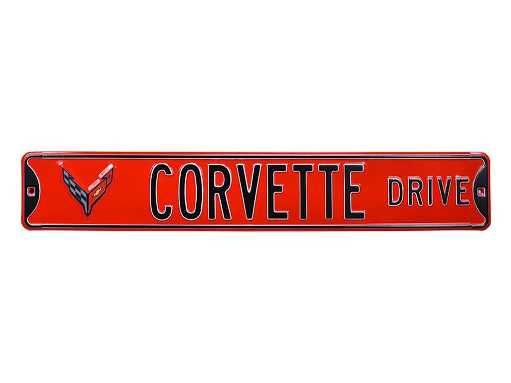 Corvette Drive Red Metal Street Sign - C8 Logo