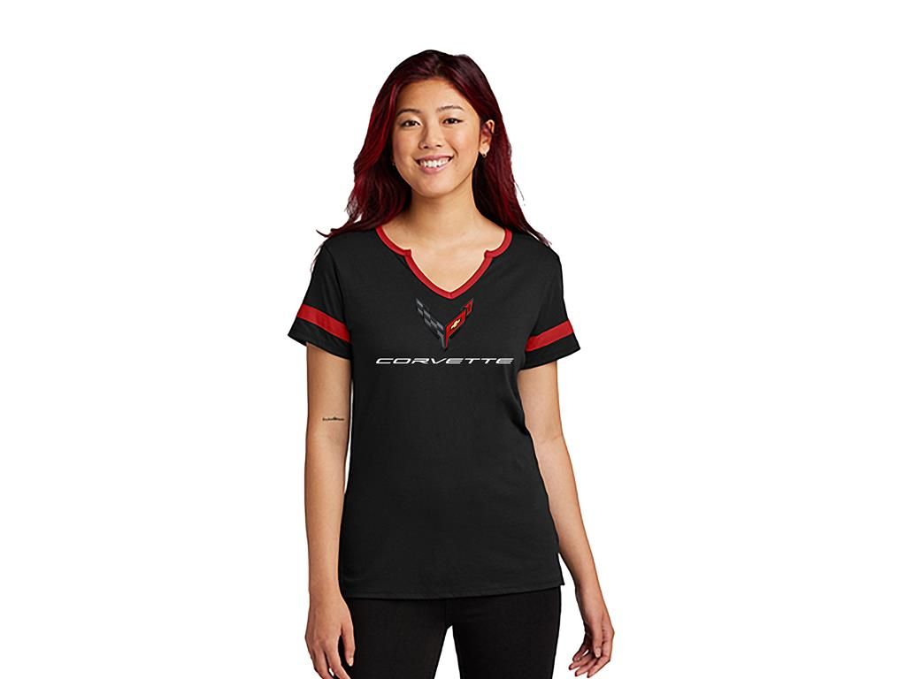 C8 Logo Black Ladies T-Shirt with Red Edges