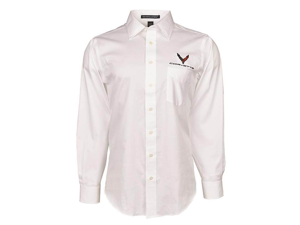 Mens White Corvette Cotton Twill Dress Shirt with C8 Logo