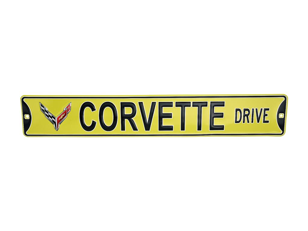 Corvette Drive Yellow Metal Street Sign - C8 Logo