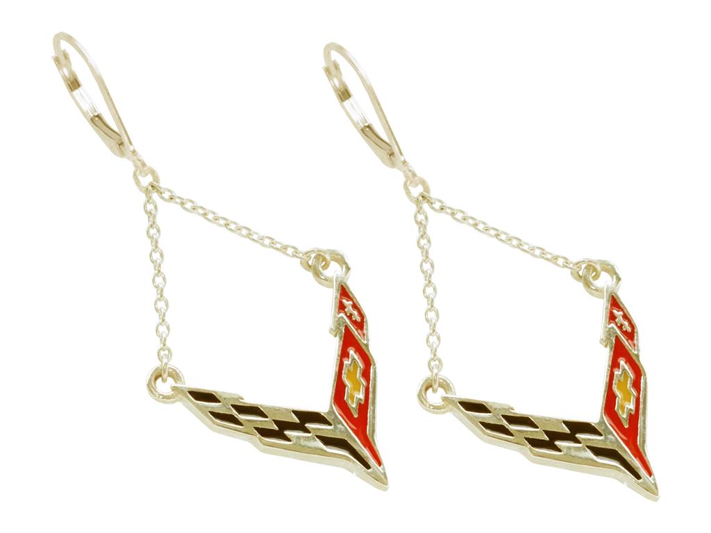 C8 Emblem Chain Lever Back Earrings 14K Gold Enamel