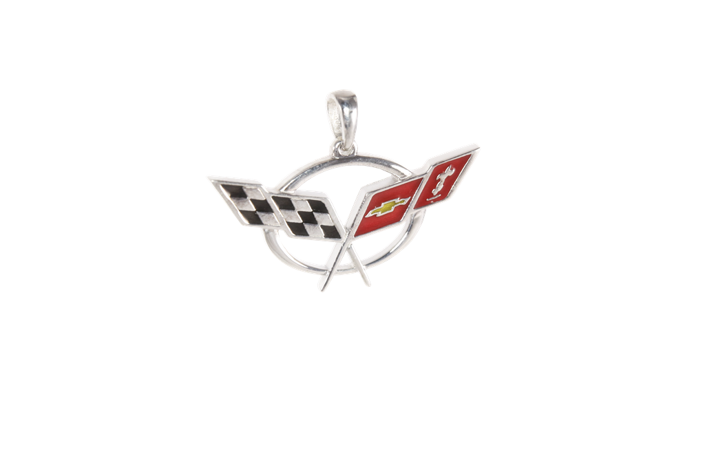 C5 Corvette Emblem Enameled Black And Red Pendant 1-3/16" Sterling Silver