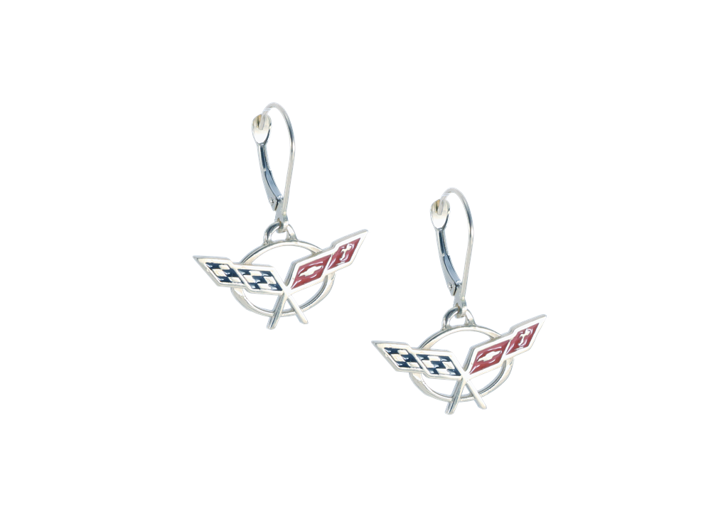C5 Emblem Lever Back Enameled Black And Red Earrings Sterling Silver