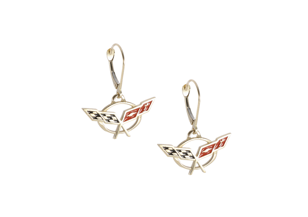 C5 Emblem Lever Back Enameled Black And Red Earrings 14k Gold