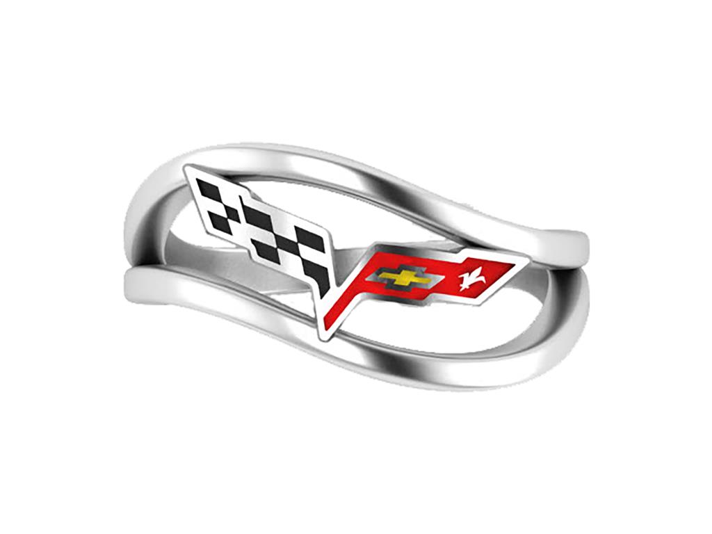 C6 Ladies Wave Ring Sterling Silver w/ Enameled Emblem