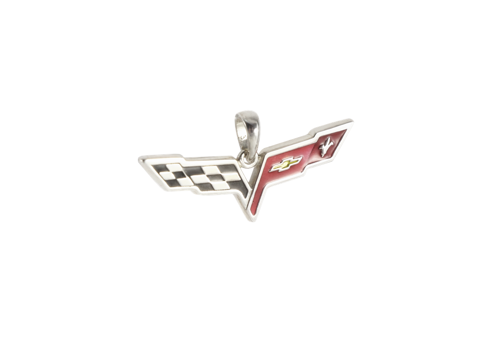 C6 Corvette Emblem Enameled Black And Red Pendant 1-3/16" Sterling Silver