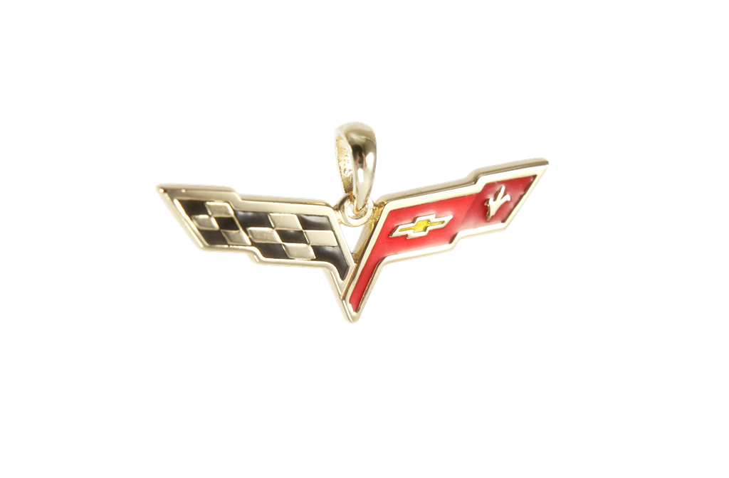 C6 Emblem Enameled Black And Red Pendant 1-3/16" 14k Gold
