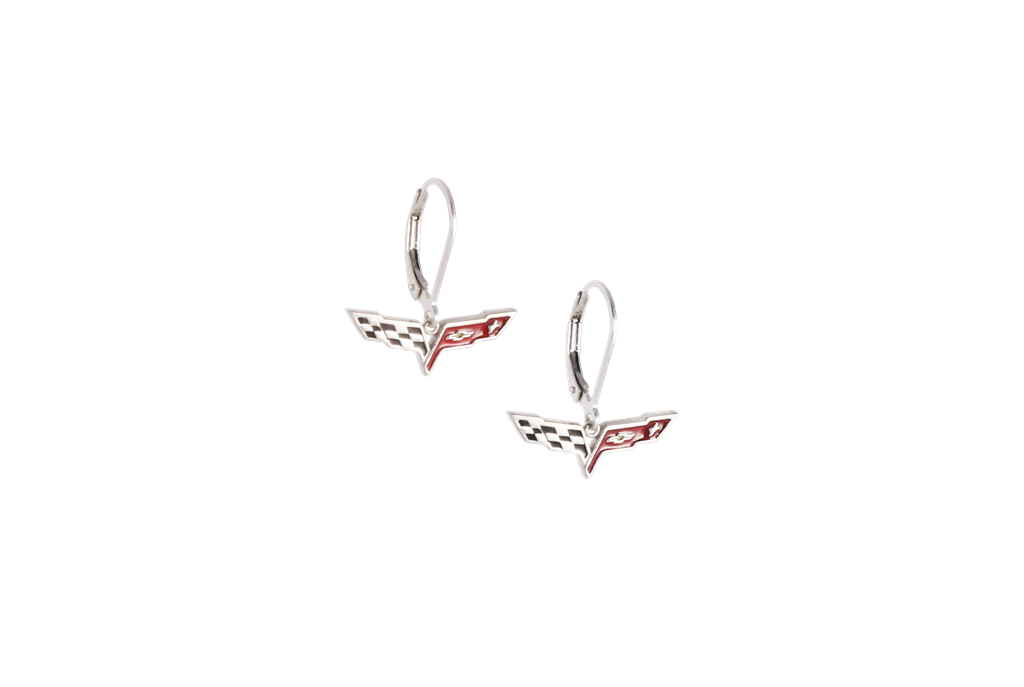 C6 Emblem Lever Back Enameled Black And Red Earrings Sterling Silver