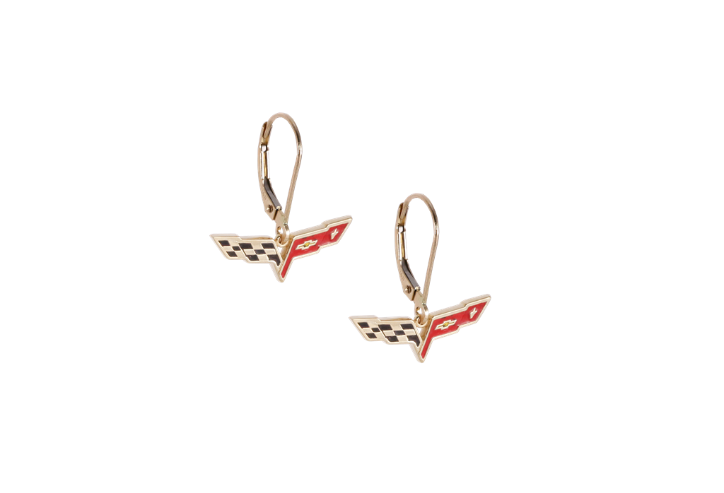 C6 Emblem Lever Back Enameled Black And Red Earrings 14k Gold