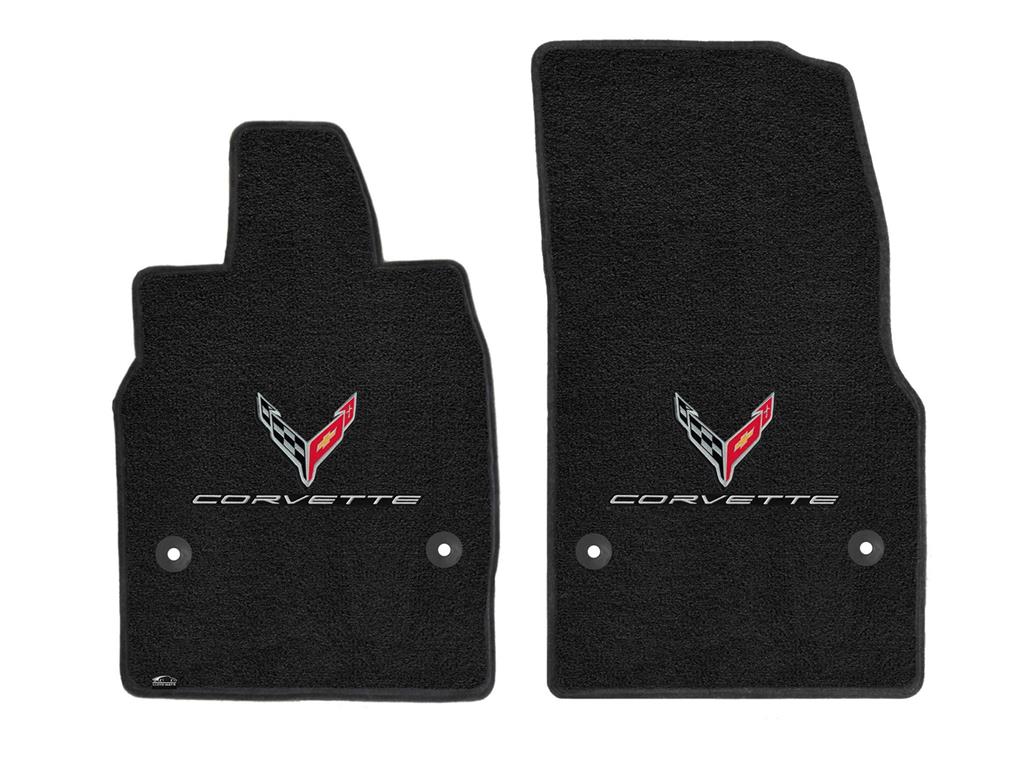 2020-2027 Ebony / Black Lloyds C8 Cross Flag Emblem & Script Floor Mats