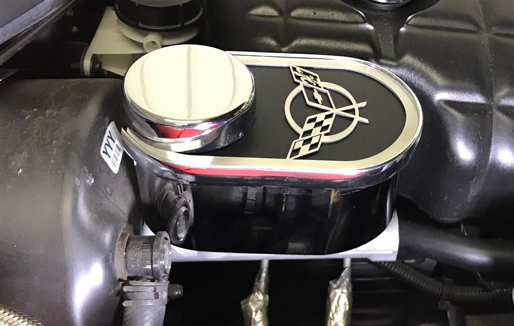 97-04 Deluxe Stainless Master Cylinder Cover w/Corvette Emblem Accessory Color: Black