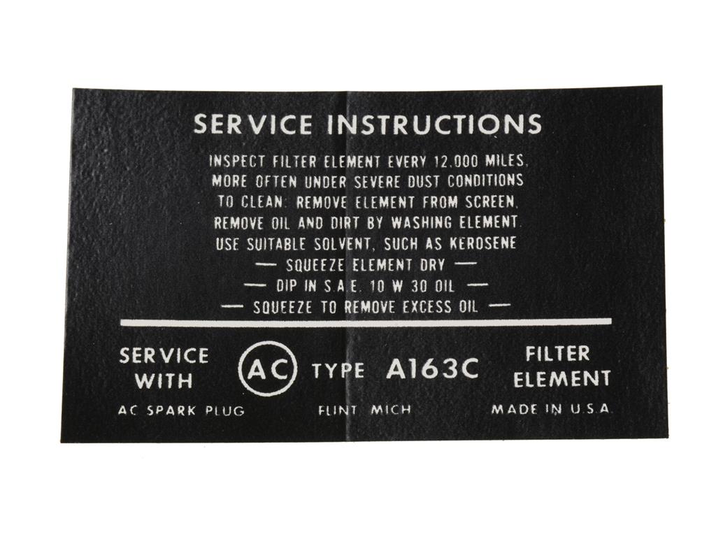 63-65E Fuel Injection Air Cleaner  Instructions Decal - Correct