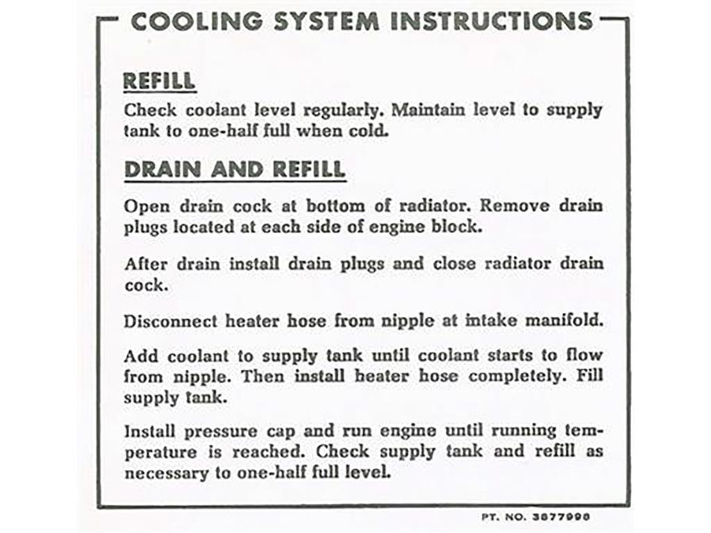 65-67 Cooling System Instructions Decal- 65 396 And 67 L88