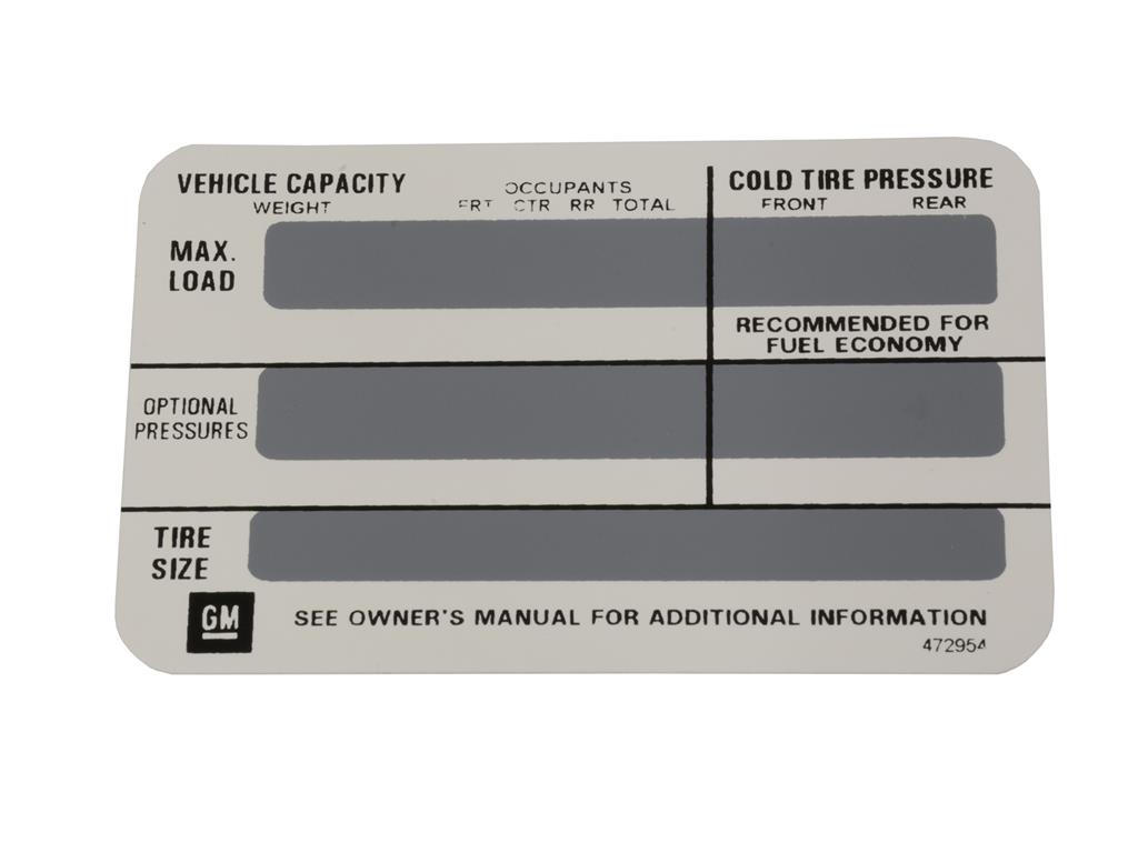 78-82 Door Decal - Tire Pressure Decal On Back Of Left Hand Door