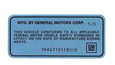 69-74 Door Jamb Blue VIN Data Decal (ND)