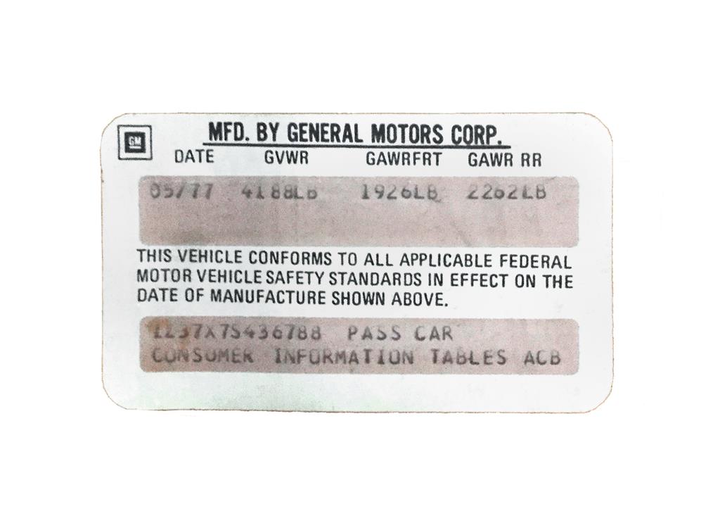 75-77 Door Jamb White VIN Data Decal (ND)