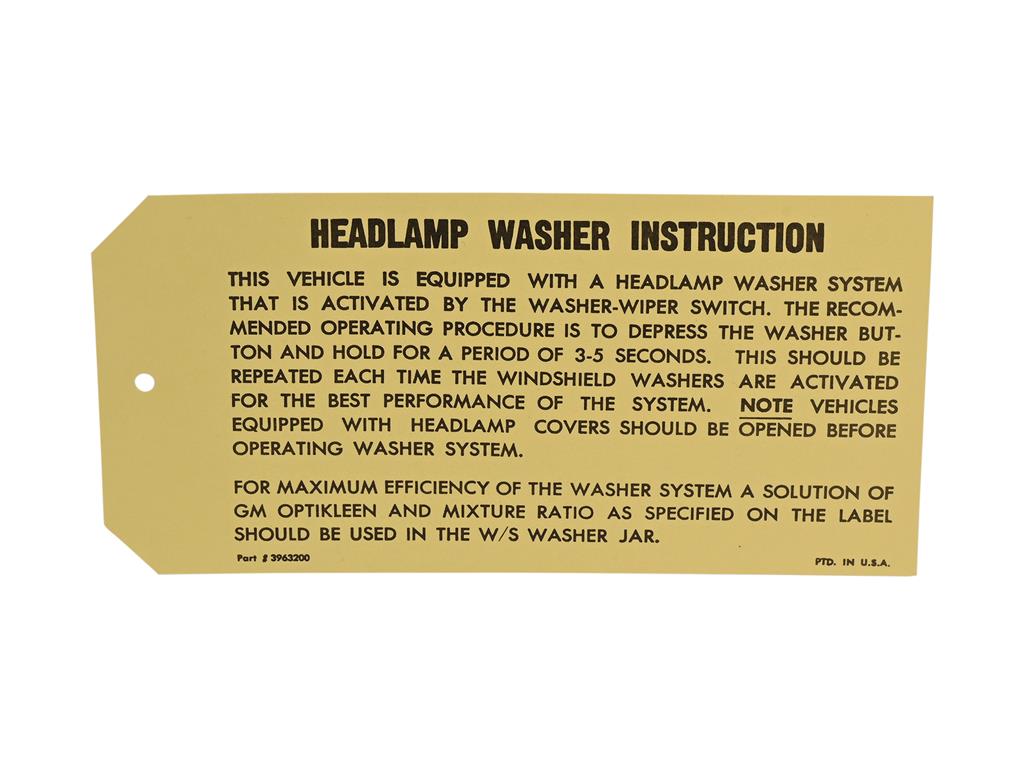 69-70 Headlight Washer Instruction Card - Hang Card