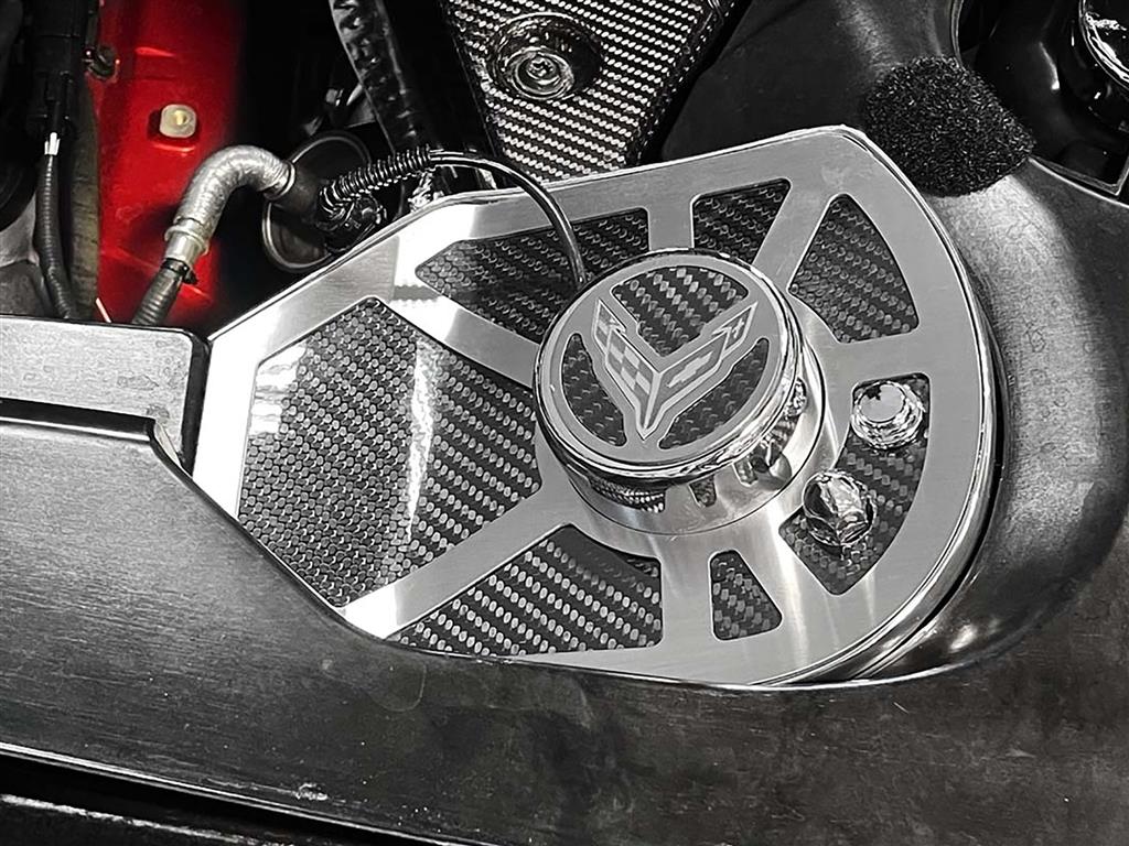 20-24 Coupe Brushed Stainless Shock Tower Covers w/C8 Emblem & Carbon Fiber Inserts