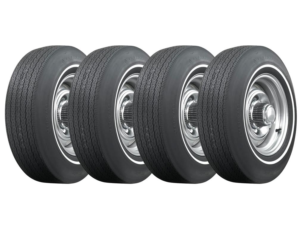 69-72 F70-15 Firestone Wide Oval Whiteline Tires with Rally Wheels Mounted (ND)