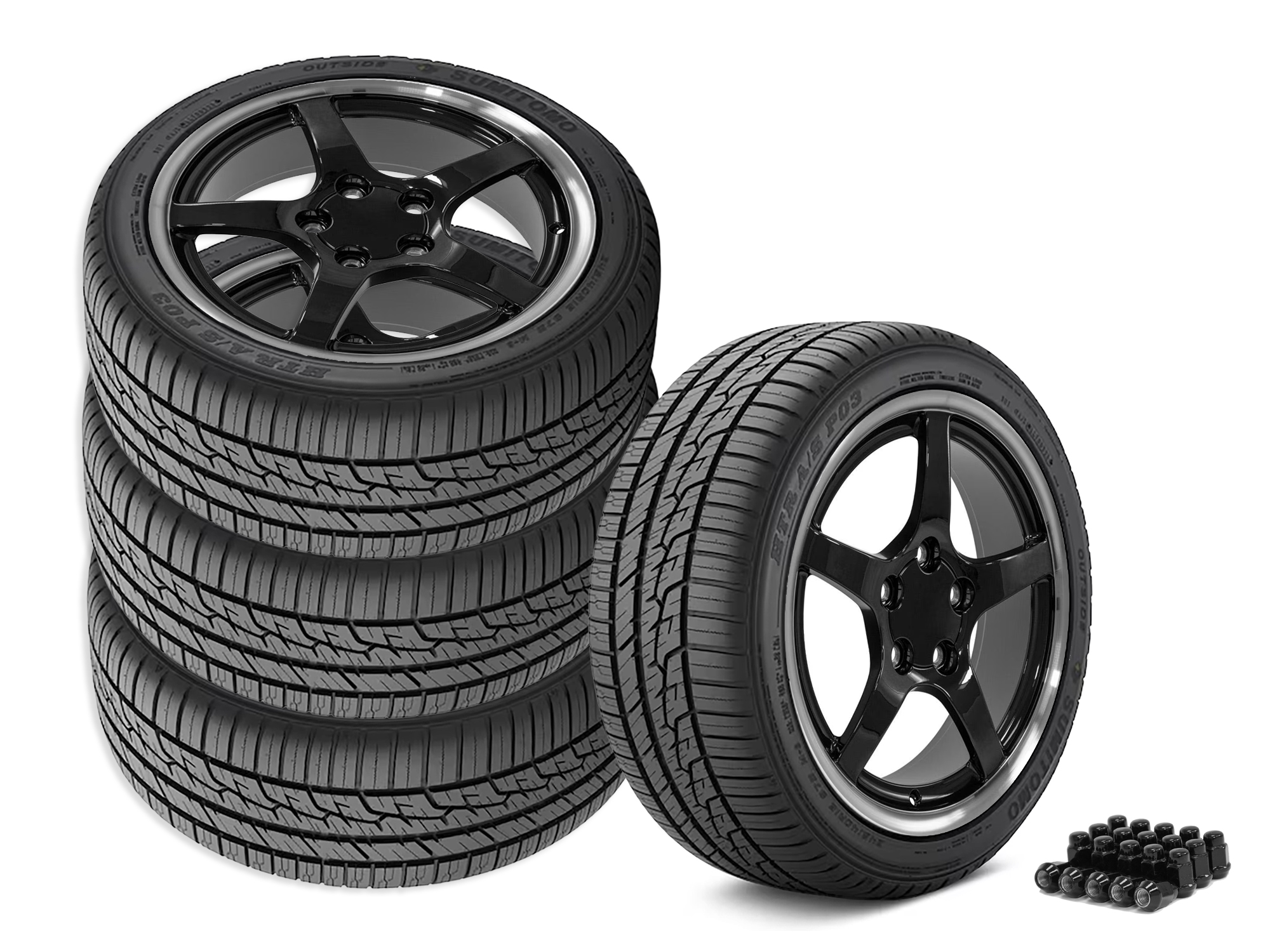 88-96 C5 Y2K Style Gloss Black Wheel & Tire Package w/ Machined Lip