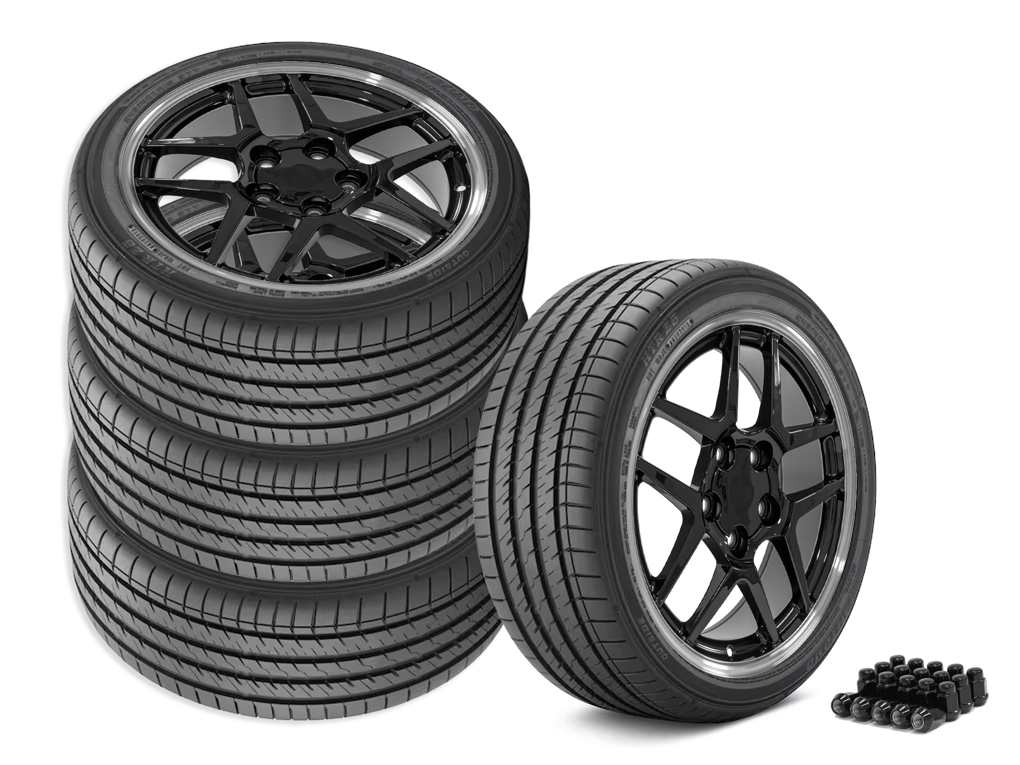 84-87 C5 Z06 Style Gloss Black Staggered Wheel & Tire Package w/ Machined Lip