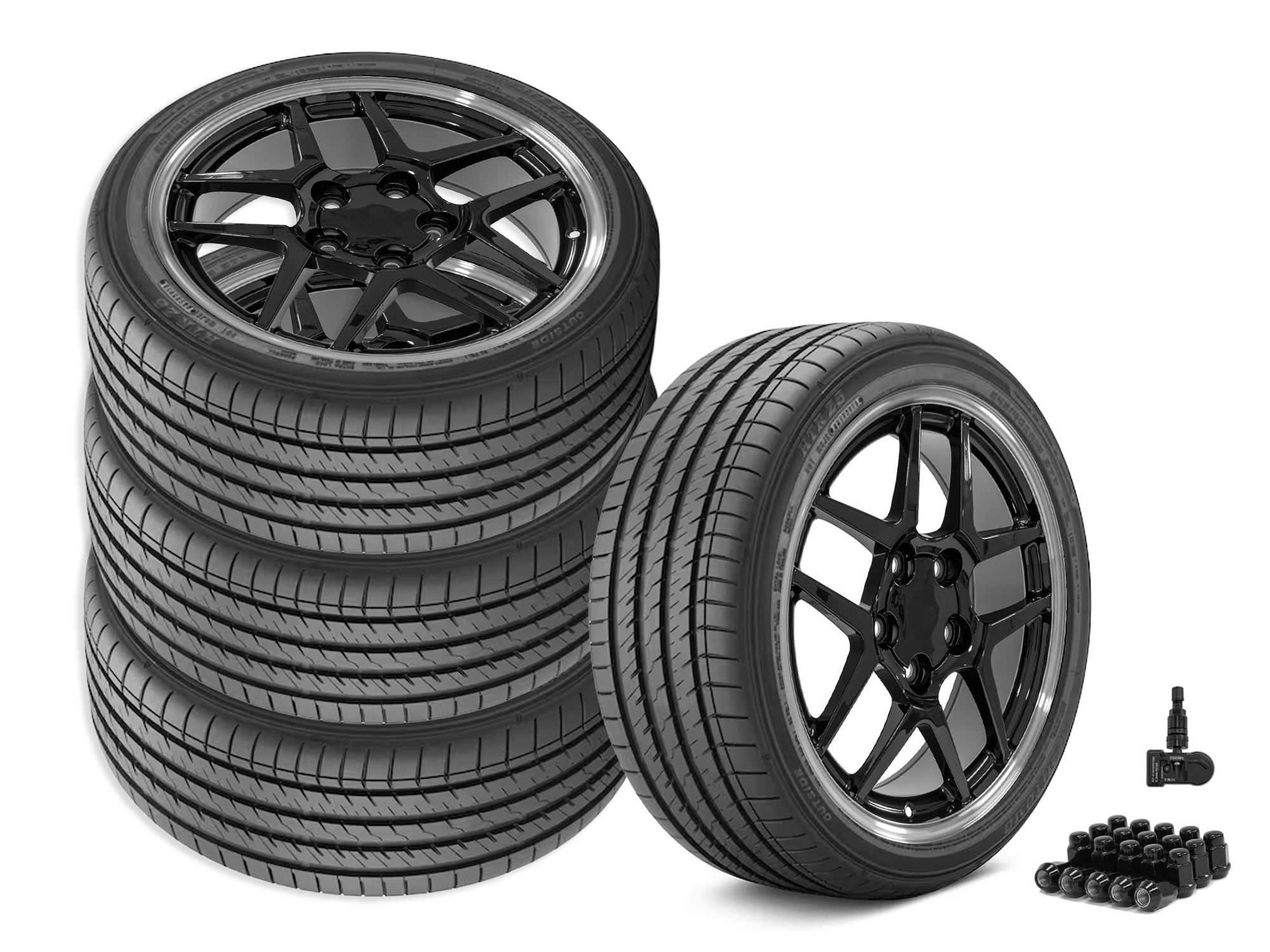 01-04 C5 Z06 Style Gloss Black Wheel & Tire Package w/ Machined Lip