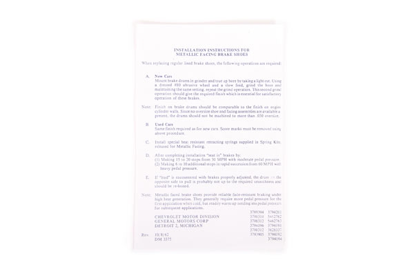 63-64 J65 Heavy Duty Brake Instruction Decal