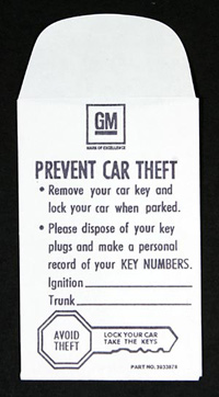 1967-1968 Corvette Key Envelope In Glove Box