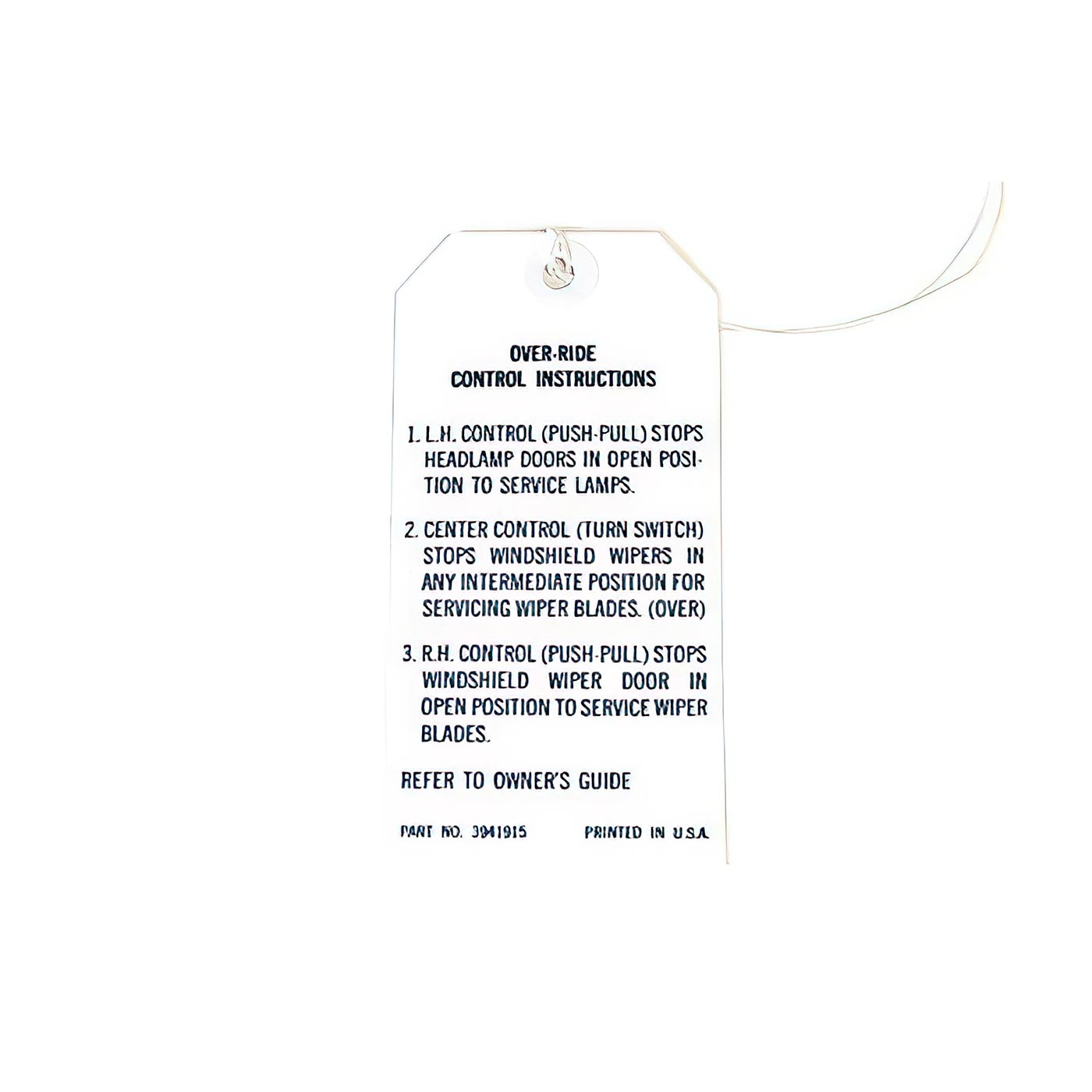 68-72 Headlight & Windshield Wiper Over-Ride Tag