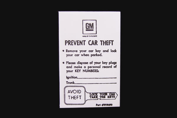69-76 Key Envelope - Glove Box