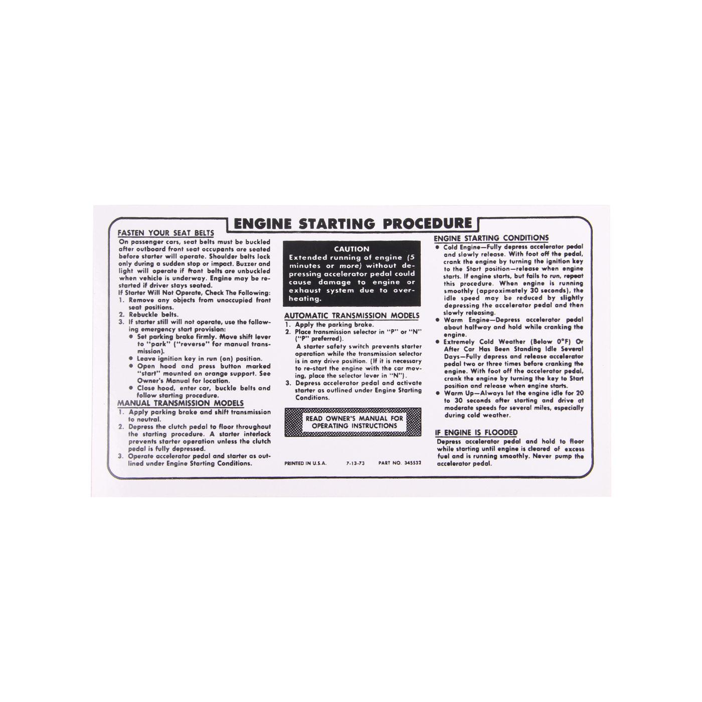 74-75 Engine Starting Procedure Decal (Sunvisor)